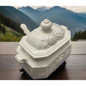 Vintage Gravy Boat Tureen W Lid & Spoon White Ceramic Embossed Fruit Apple Grape